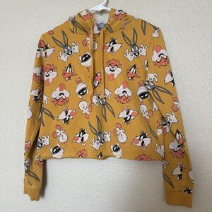 Looney Tunes Crop Top Hoodie Bugs Bunny & Friends | Yellow Mustard | Small /Med